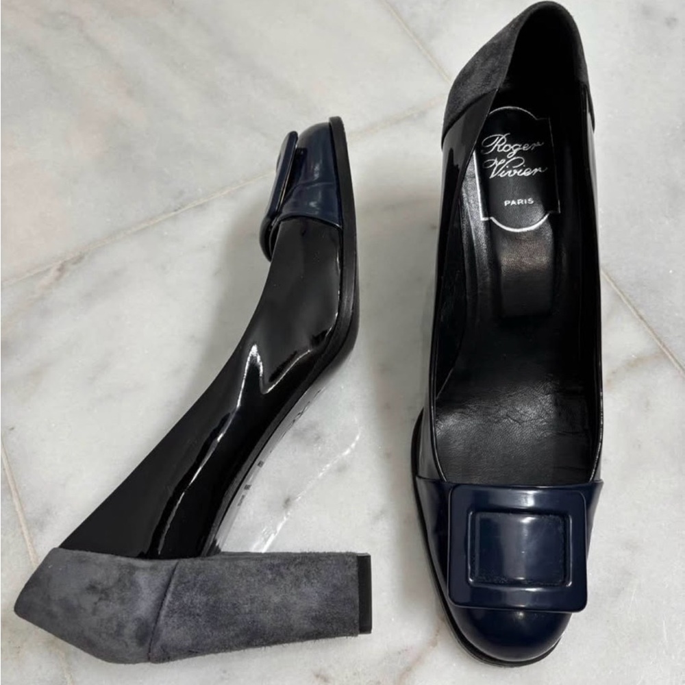 Roger Vivier Black and Gray Suede-Trim Block Heel Pumps